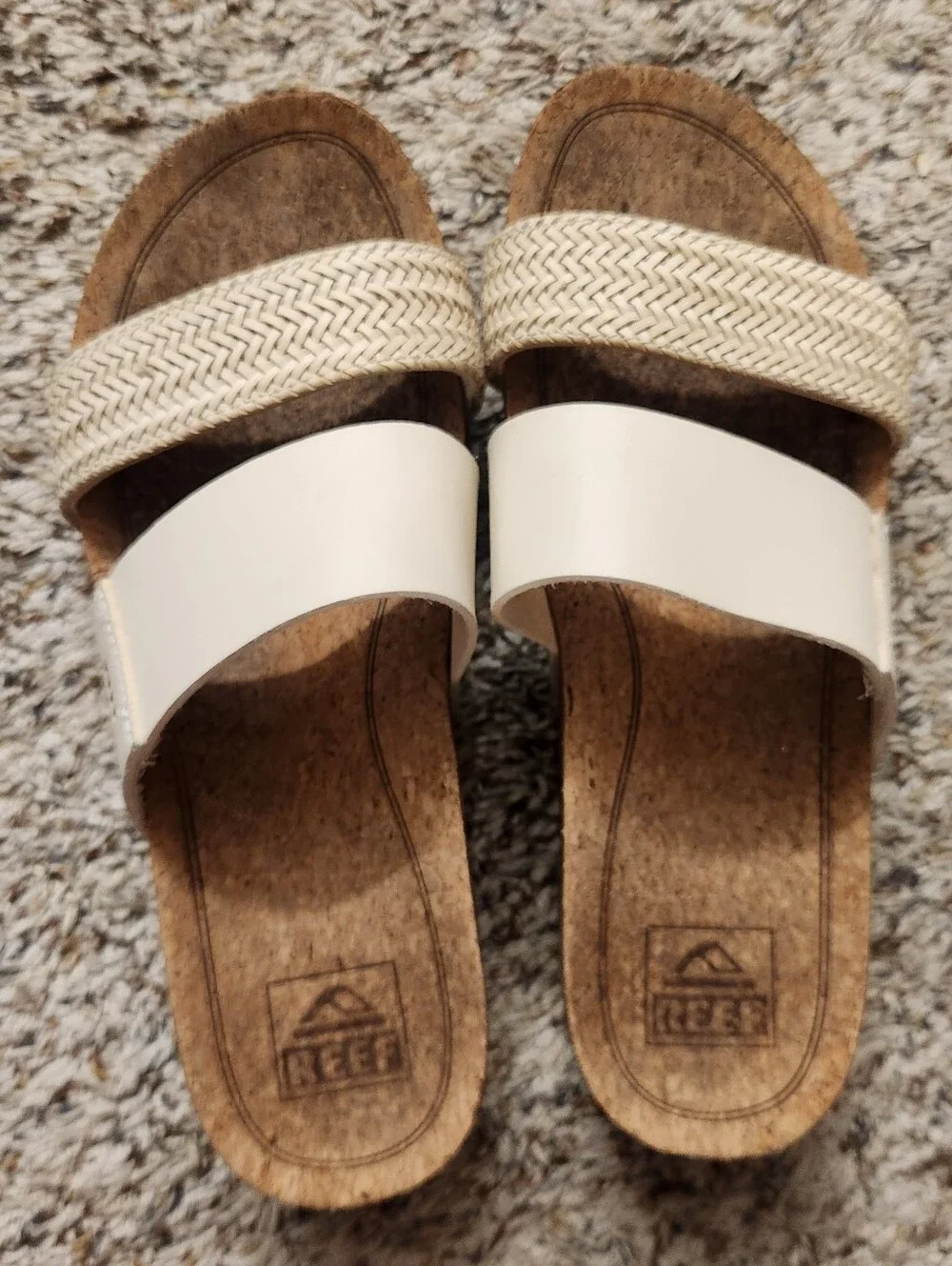 Reef Cream Two-Band Slide Sandals with Woven Detail